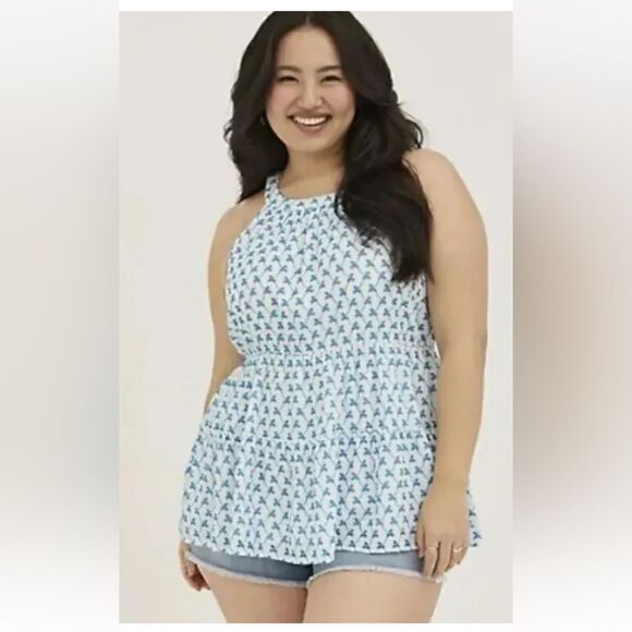 Torrid Womens Blue White Eyelet Tiered Babydoll Top Plus Size 1X Flowy Halter - Picture 1 of 9